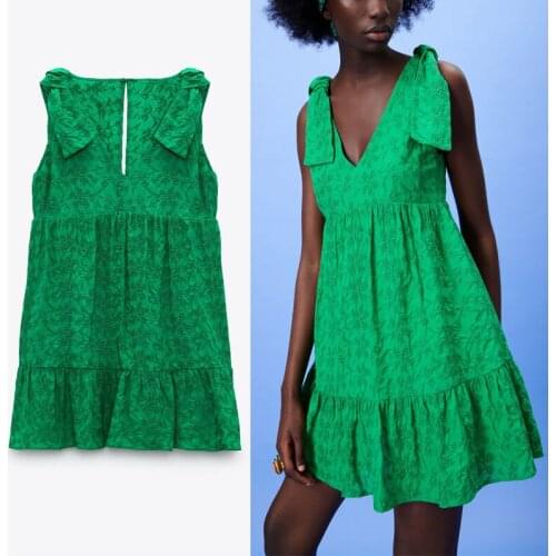 ZA 2021 Casual Floral Embroidery Dress Women Sleeveless Bow Spaghetti Straps Green Dresses Fashion Vneck Halter Party Mini Dress