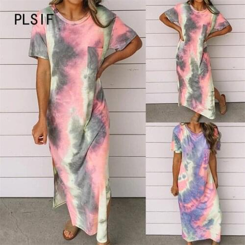 Fashion tie dye print lady summer o neck short sleeve dress pockets design casual sexy split straight long dress