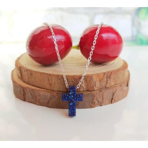 1pc/lot)Free Shipping Blue Cross Druzy Pendant Necklace Natural Stone 925 silver O Chains For Womens Jewelry Fashion Necklace