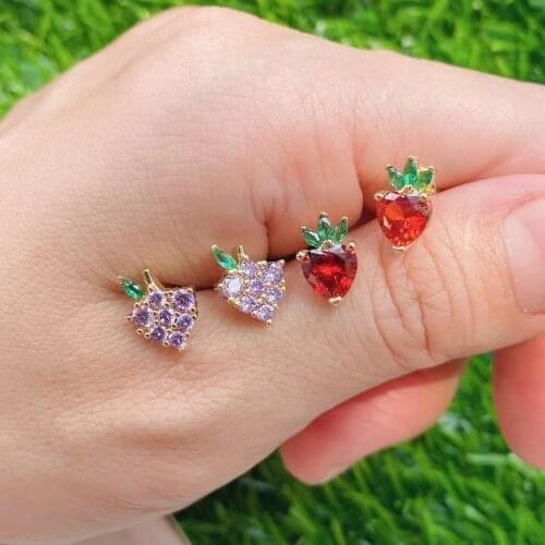 10Pairs,Grapes Cherry Charm Small Earrings Summer Zircon CZ Brass Fruit Earring Studs for Women Ladies 2021Jewelry