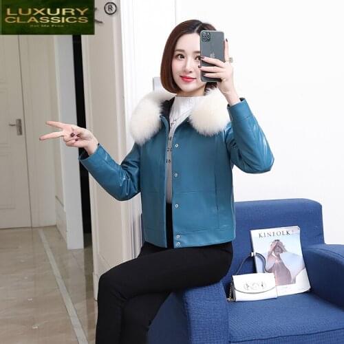 100% Genuine Leather Duck Down Jacket Woman Real Fox Fur Hooded Womens Winter Sheepskin Coat Female Natural Leather coat