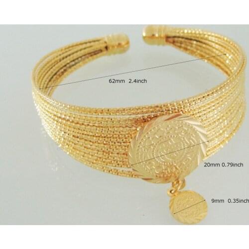 YELLOW GOLD COLOR OVERLAY MUSLIM ALLAH GOD MONEY SIGN BANGLE BRACELET WITH MANY CARVED CHAINS UNIQUE