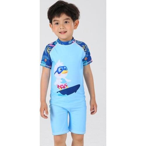 Cartoon Duck Back Zipper Kids Swimwear For Girls Bathing Suit One Piece Swimming Suit Boys Short Sleeve Children Swimsuit Beach