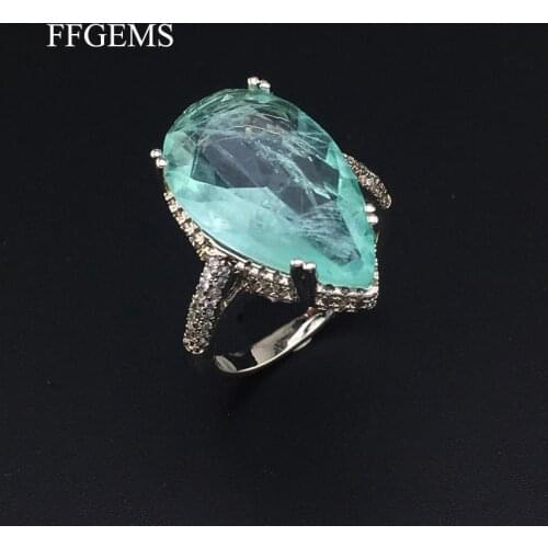FFGems Created Paraiba Tourmaline Gemstone Pear 12*20mm Wedding Engagement Diamonds big Rings Gift Fine Jewelry for women girl