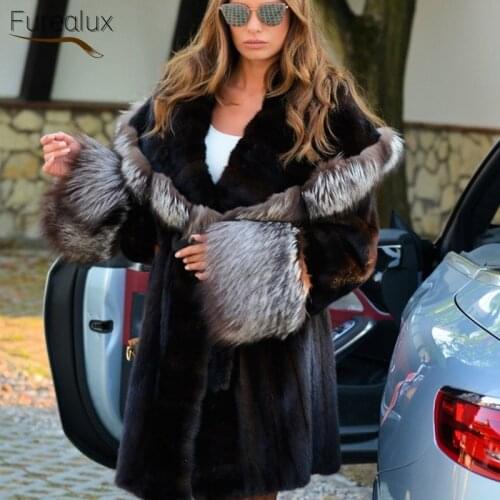 FUREALUX Womens Real Mink Fur Coat Hooded Thicken Warm Handmade Natural Mink Winter Leisure Mid-length Fashion Trend Jacket
