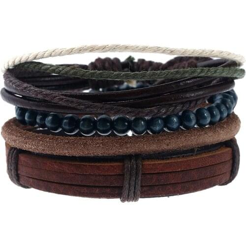 Jessingshow 4pcs/set Ethnic Wood Beads Charm Handmade Woven Men Leather Bracelets Women Vintage Bangle Male Homme Jewelry