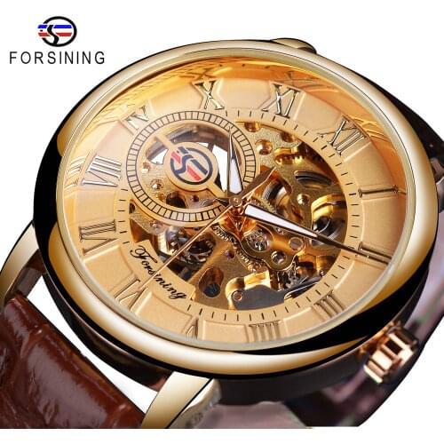 Forsining Classic Mens Mechanical Watches Skeleton Golden Roman Ultra-Thin Hand Wind Business Dress Gentleman Leather Wristwatch