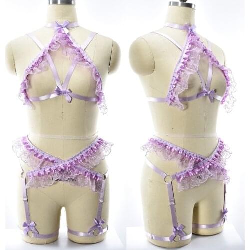 Taro purple Lace Bow Harness Bra Set Sexy Lingerie Bondage Body Harness Belt Goth Suspender Women Bow Edgy Bondage Garter Belt