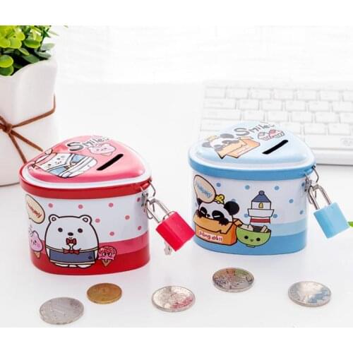 Heart Shape Money Boxes Iron Piggy Bank Saving Coin Cartoon With Lock Christmas Party Gifts for Kids SN2454
