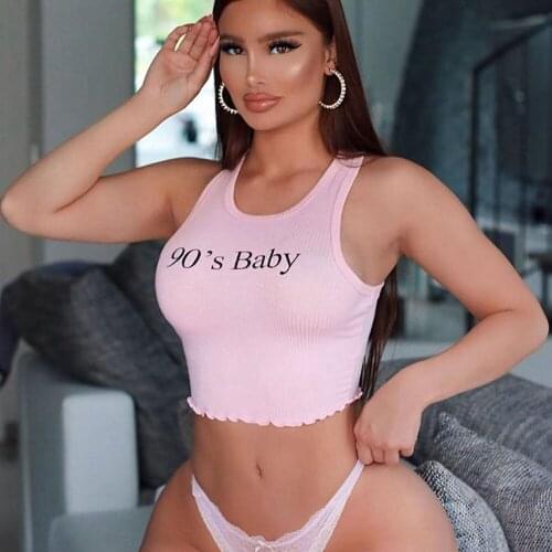 Summer Holiday Womens Rib Knit Tank Tops Cute Letter Print Sleeveless Lettuce Trim Slim Fit Sporty Sporty Crop Tops