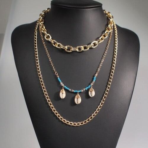 Multilayer Chain Necklaces Gold Color Metal Long Necklace Women Shell Coin Statement Pendant Necklaces Jewelry UKEN