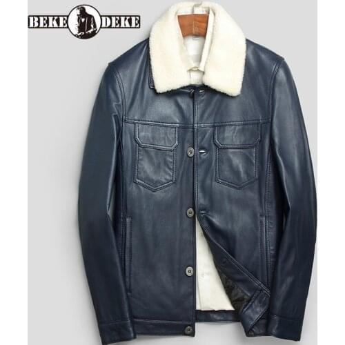 Fashion Lambs Wool Lapel 100% Genuine Leather Jacket Men Brand Business Slim Sheepskin Short Coat Casual Single Breasted Outwear