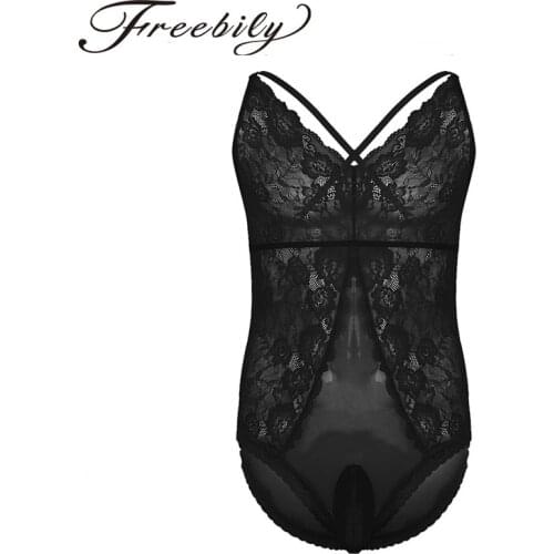 Mens One-Piece Body Suit Lingerie Sheer Crossdress Lingerie Adjustable Deep V Spaghetti Straps Floral Lace Sissy Pouch Bodysuit