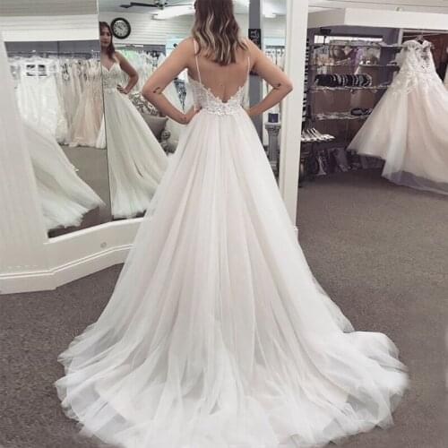2021 New A-line Boho Wedding Dresses Spaghetti Straps Sweep Train Custom Bridal Gowns Backless White Ivory Vestidos De Noiva