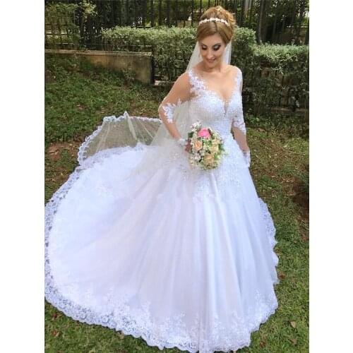 New Ball Gowns White Ivory Illusion Neck Appliques Wedding Dresses 2021 Hot Beading Bridal Dress robe de mariage LCNM99