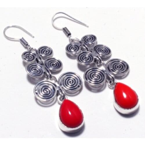 Genuine Coral Silver Overlay on Copper Earrings ,Hand made Women Jewelry Gift , E5311