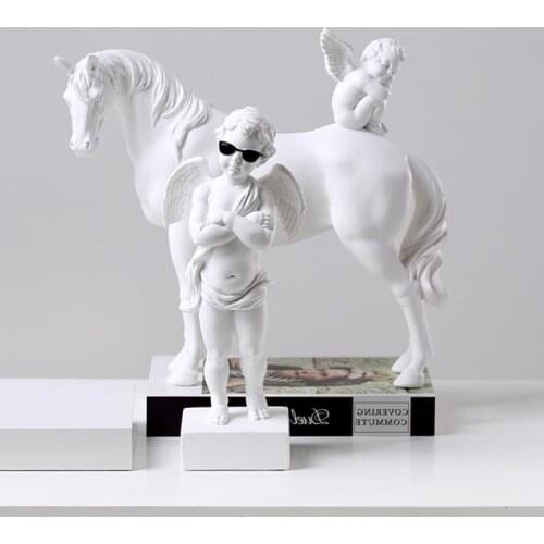 ROMAN MYTHOLOGY WHITE CUPID ANGEL HORSE FIGURINES STATUE RESIN CRAFTS HOME DECORATION ACCESSORIES R1762 CREATIVE EUROPEAN EUROPE