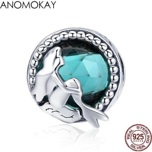 Anomokay 925 Sterling Silver Mermaids Missing Round Green CZ Charms fit Women Bracelets Necklace DIY S925 Silver Jewelry Making