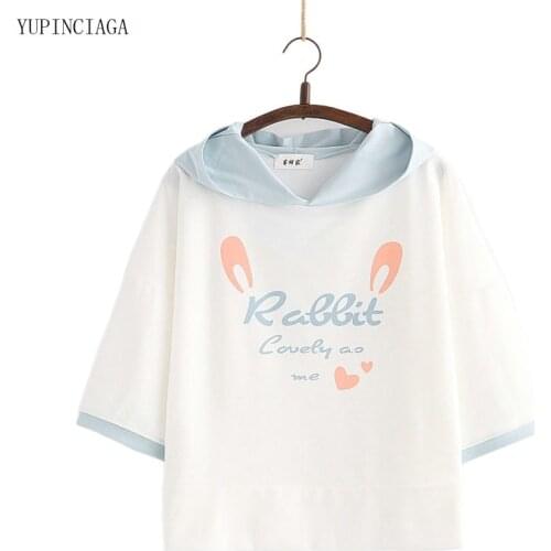 Korean Cute With Rabbit Ears Hooded Short Sleeve Sweatshirt 2021 Summer Half Sleeve Hoodies Sweet Pullover Tracksuits 2115918