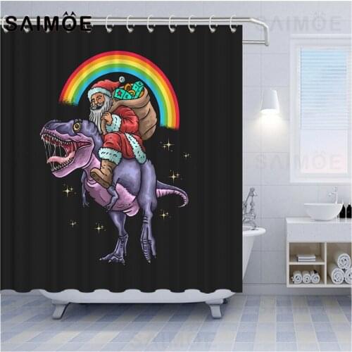 Funny Santa Claus Ride Dinosaur Shower Curtain Christmas Snowman Cartoons Curtain For Bathroom Waterproof Fabric New Year Decor