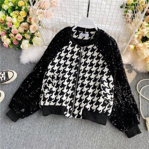 Houndstooth Patchwork Baseball Jacket Women Zipper Long Sleeve Sequined Sleeve Streetwear Outwear Autumn Winter High Quality