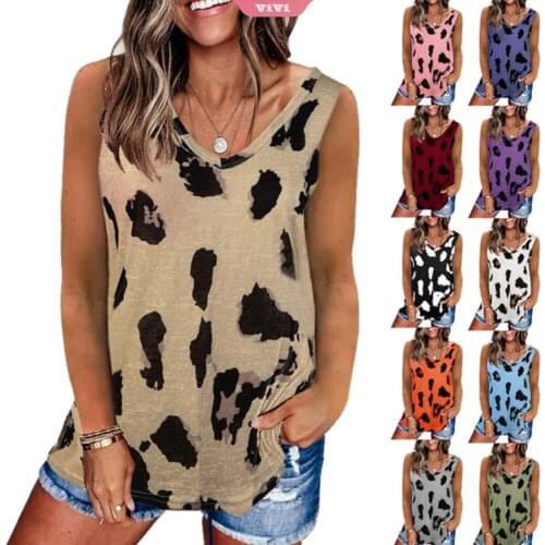 T-shirt Ladies Summer Fashion Loose V-neck Oullover Leopard Print Sleeveless Tank Top