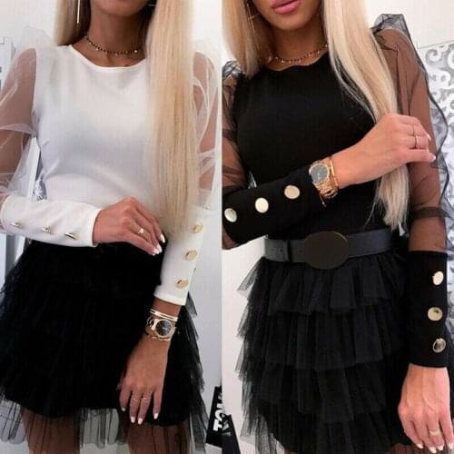 2020 Autumn Women Patchwork Slim O-Neck T-Shirt Sexy Mesh See Through Long Sleeve T-shirt Tops Tees