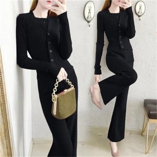 Thick sweater set women spring and autumn New womens fashion bottoming sweater + temperament wide leg pants two sets