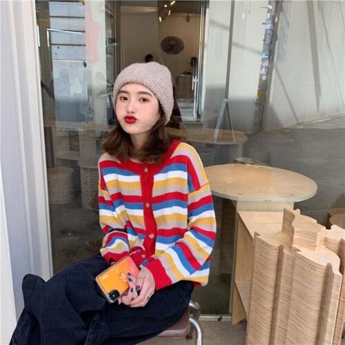 Womens Sweaters Japanese Ulzzang Vintage Single-breasted Rainbow Striped Sweater Female Korean Harajuku Cute Clothing For Women