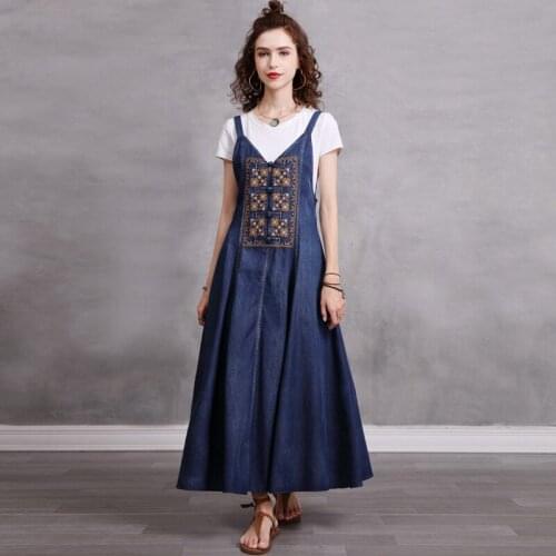 Johnature Women Embroidery Denim Dresses V-Neck Sleeveless Solid Color Button Vest Dress 2021 Summer New Vintage Simple Clothing