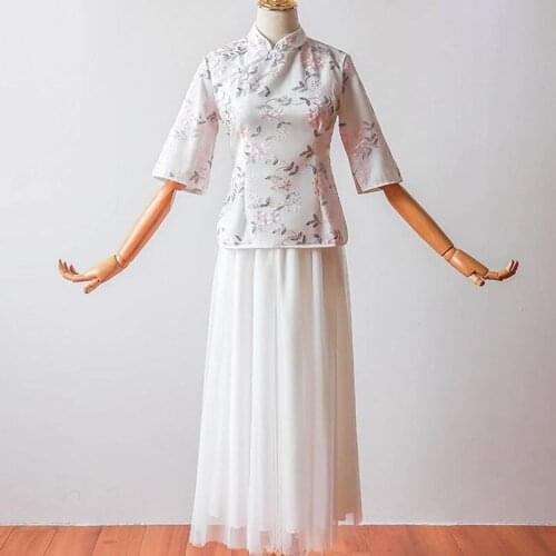 2 pieces/set Fashion half Sleeve Embroidery Vintage Modern Traditional Chinese Dress Qipao Cheongsam Chinese Bridesmaid Dresses