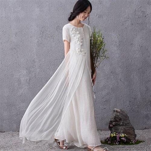 2018 Solid Colour Flower Embroidery Sashes Cotton Linen Short Sleeve Large Size Floor-Length Literary Retro Female Dress RE2120