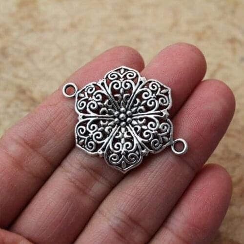4Pcs Filigree Flower Connector Charms Antique Silver Color Tone Pendant Findings DIY Handmade Accessories Jewelry Making