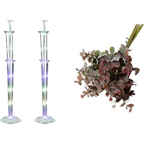 6Pcs Eucalyptus Plastic Artificial Leaves Bunch Brown & 2 Sets LED Balloons Stand Base Sticks Globos Holder Column White