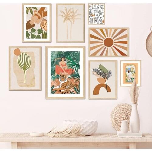 Abstract Line Woman Tiger Plant Leaf Sun Wall Art Canvas Painting Nordic Posters And Prints Wall Pictures For Living Room Decor
