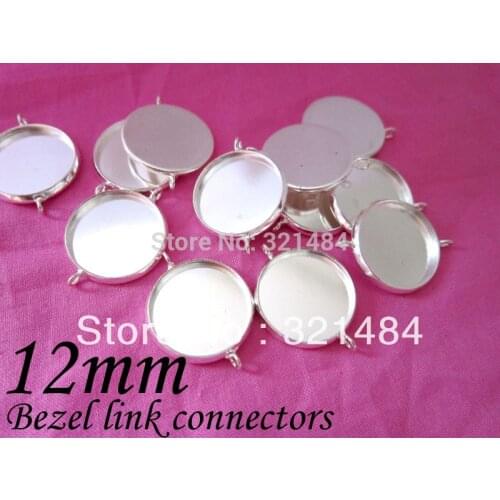 Free ship! Silver plated 200piece 12mm cameo base w/ double vertical loop bracelet link connector bezel earring/pendant blank