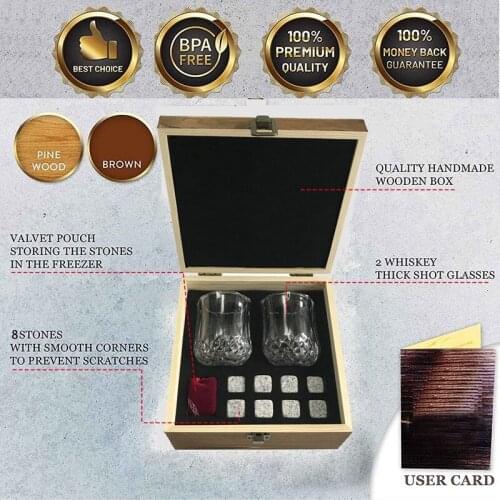 Bourbon Rocks Whisky Chilling Stones Gift Set - Reusable Stones for Whiskey - Shot Glasses Gift in Wooden Box for Guys