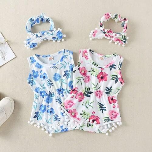 Childrens clothing clothes girl clothesToddler Kids Baby Girls Sleeveless Tassel Floral Print Hair Band Romper Bodysuit L30820