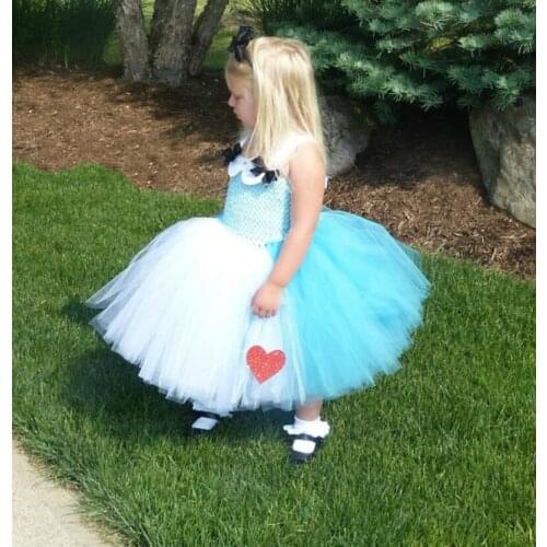 Girls Turquoise White Alice Tutu Dress Kids Crochet Dress Ball Gown with Hairbow Children Birthday Party Costume Princess Dress