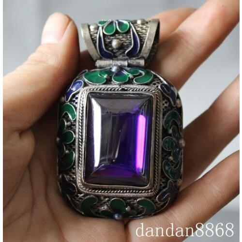Chinese tibet silver cloisonne enamel Mosaic Zircon The sapphire amulet pendant