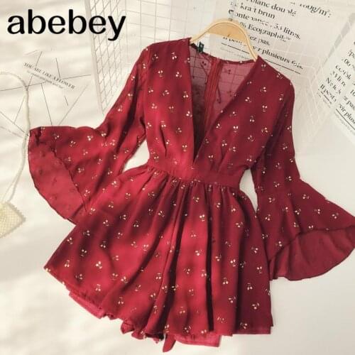 Vintage Bohemia Playsuits Women Cherry Printed Deep V-neck High Waist Slim Holiday Beach Wide-legged Shorts Pants Jumpsuits