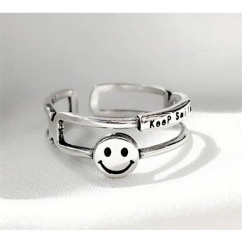 Hot Sale Korean Fashion Smiley Face Letters Keep Smile Vintgae Open Rings For Ladies Tibetan Silver Bridal Sets Party Cocktail