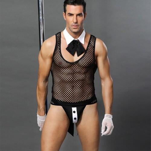 Mens Sexy Black Mesh Hot Erotic Lingerie Suit Sexy Cosplay Waiter Costumes Role Playing Sailor Uniforms for Male Night Clubwear