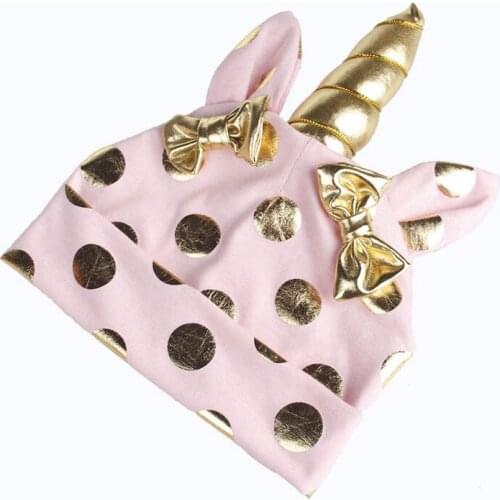 New Knitting Cap Gold Dot Boys Girls Unicorn Hat Bow Tie Knitted Skullies Beanies Hat Children Cute Warm Cap Headwear
