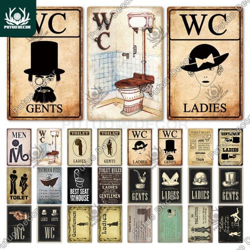 Putuo Decor Toilet Sign Vintage Funny Metal Tin Sign WC Lavatory Toilettes Wall Art Bathroom Restroom Toilet Wall Decoration