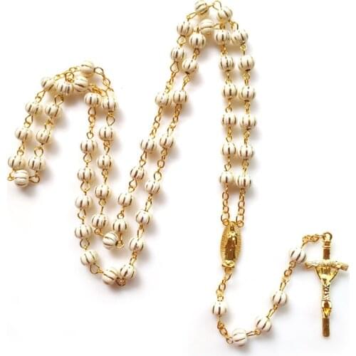 QIGO White Acrylic Beads Gold Jesus Cross Pendant Rosary Necklace Religous Pray Jewelry