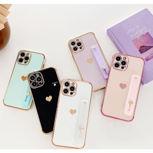 Luxury 6D Plating Love Heart Soft Phone Case For iPhone 12 Pro Max 11 Pro X XS Max XR 7 8 Plus Wrist Strap Candy Color Cover