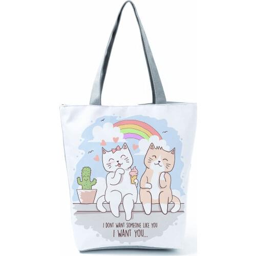 Cartoon Cat Printed Storage Handbags Personality Beach Travel Large Capacity Reusable Shopping Bag Outdoor Shoulder Bag Foldable