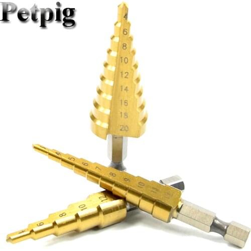 Petpig 3pcs Power Tools Titanium Coated Step Drill Bit Metal 3-12mm/4-12mm/4-20mm Cone Cut High Speed Steel Drill Wood Drilling