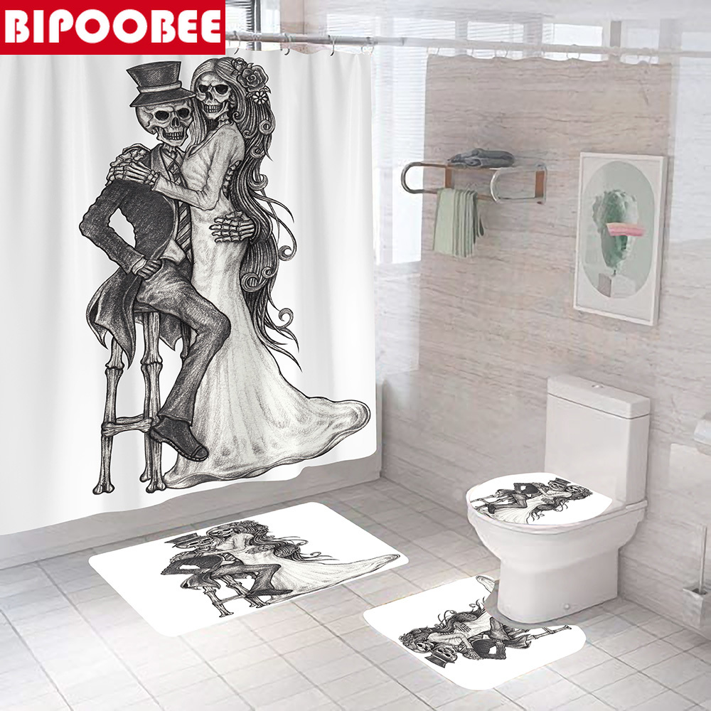 Love Skull Skeleton Marriage Eternal Bathroom Curtain Halloween Shower Curtains Set Bath Mats Rugs Toilet Cover Anti-slip Carpet
